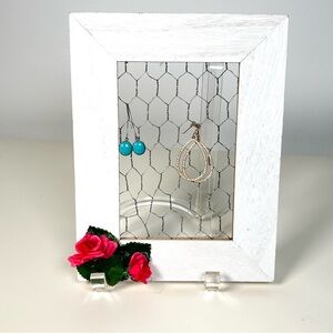 Earring Holder Organizer Frame Hand Made White Washed Roses Farmhouse Style NEW